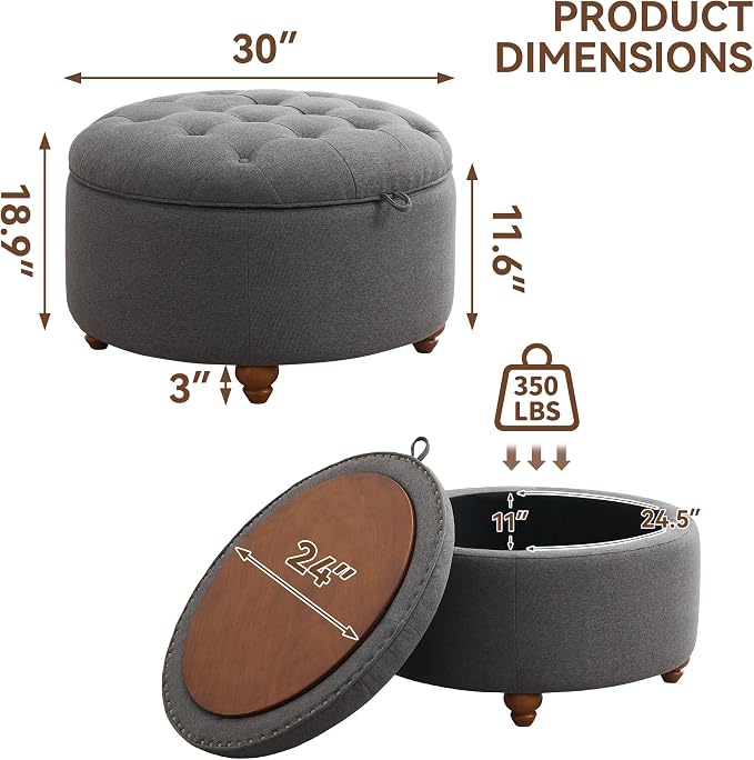 30Inch Round Storage Ottoman - Image 2