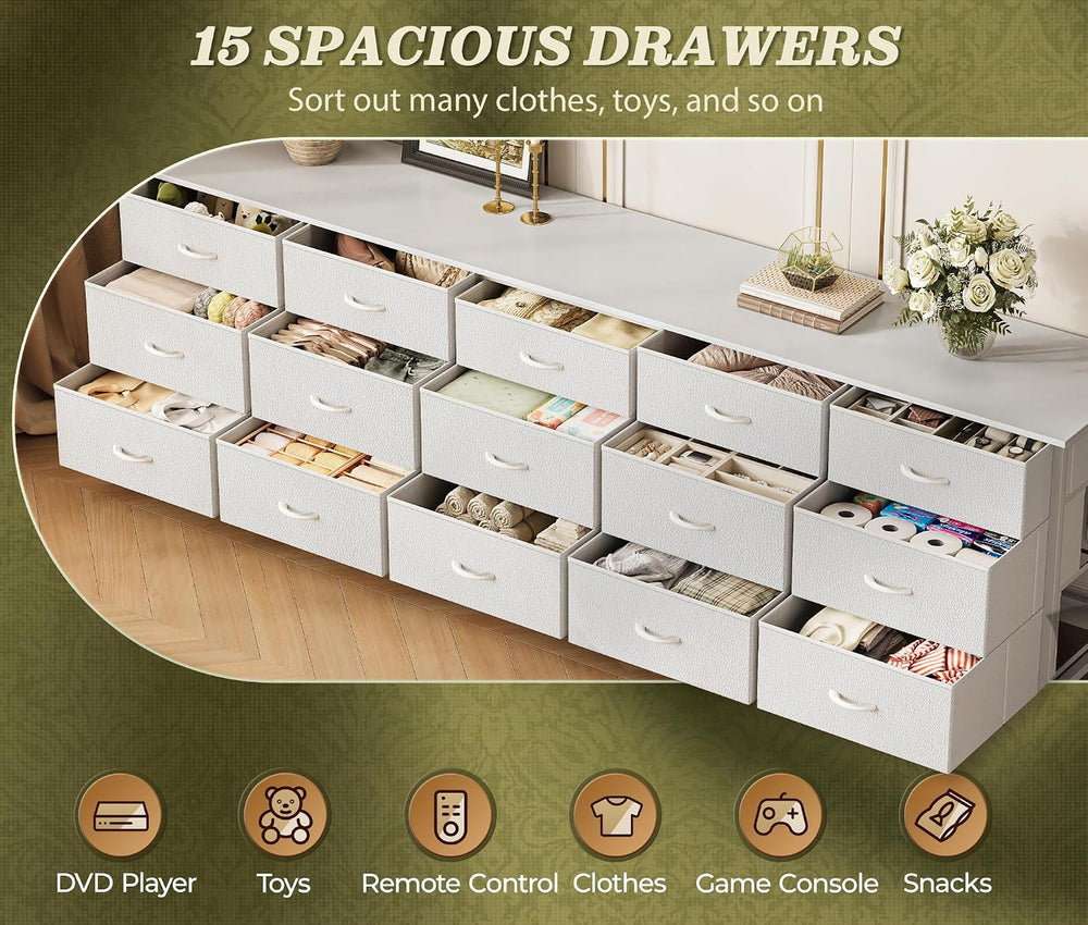 Huuger 78.7 inch Long Dresser for Bedroom, 15 Drawer Fabric Dresser for Close...