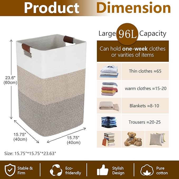 Laundry Hamper 96L Extra Large Laundry Basket, Woven Blanket Basket, Cotton - Image 4
