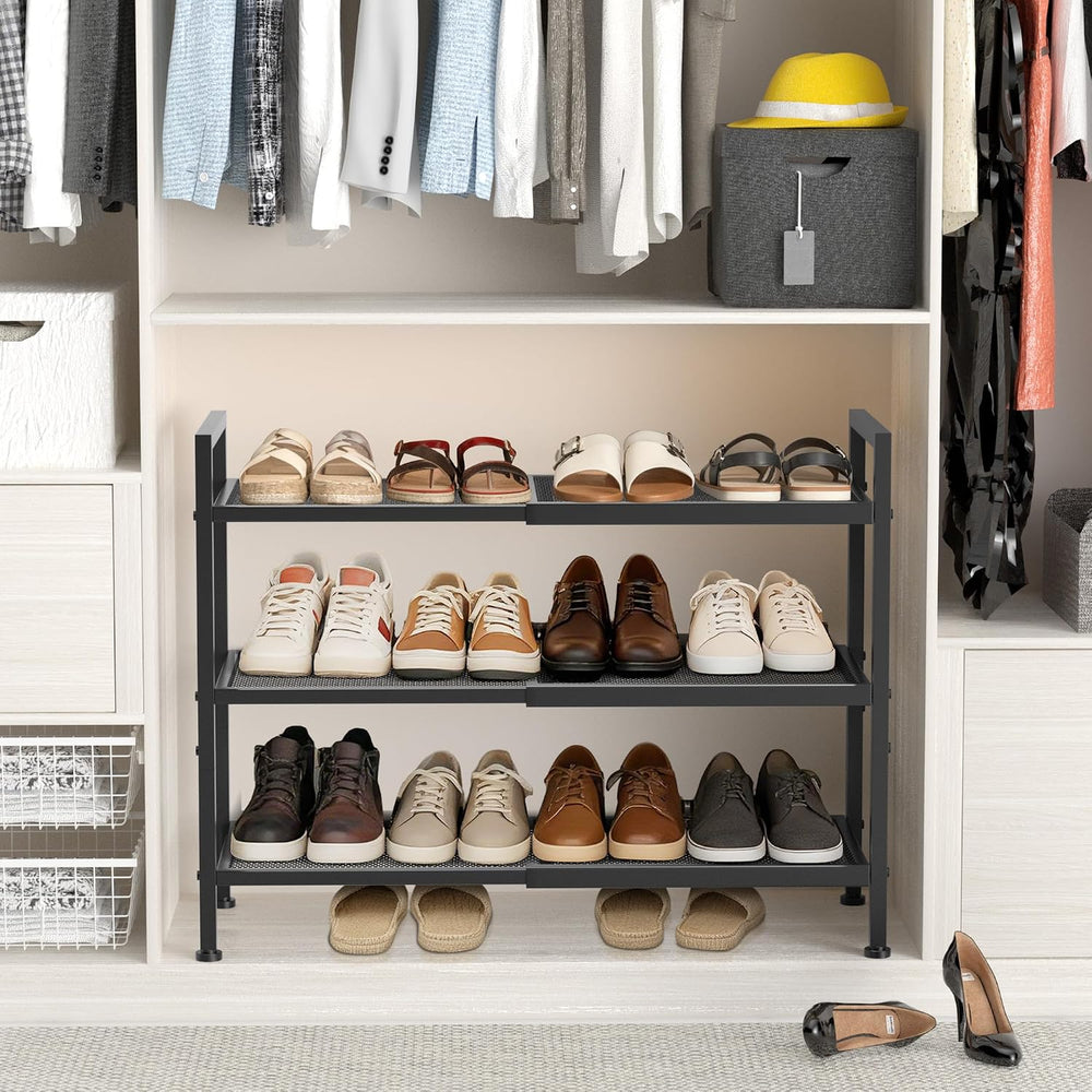 Expandable Shoe Rack for Closet, Entryway, Shoe Storage, 3-Tier, Black