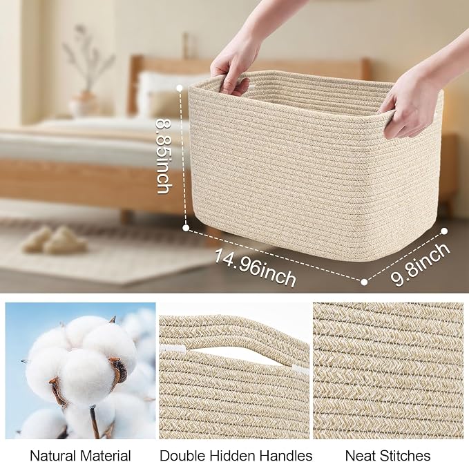 3-Pack Shelf Baskets for Organizing, Woven Storage Basket for Shelves, Cotton - Image 5
