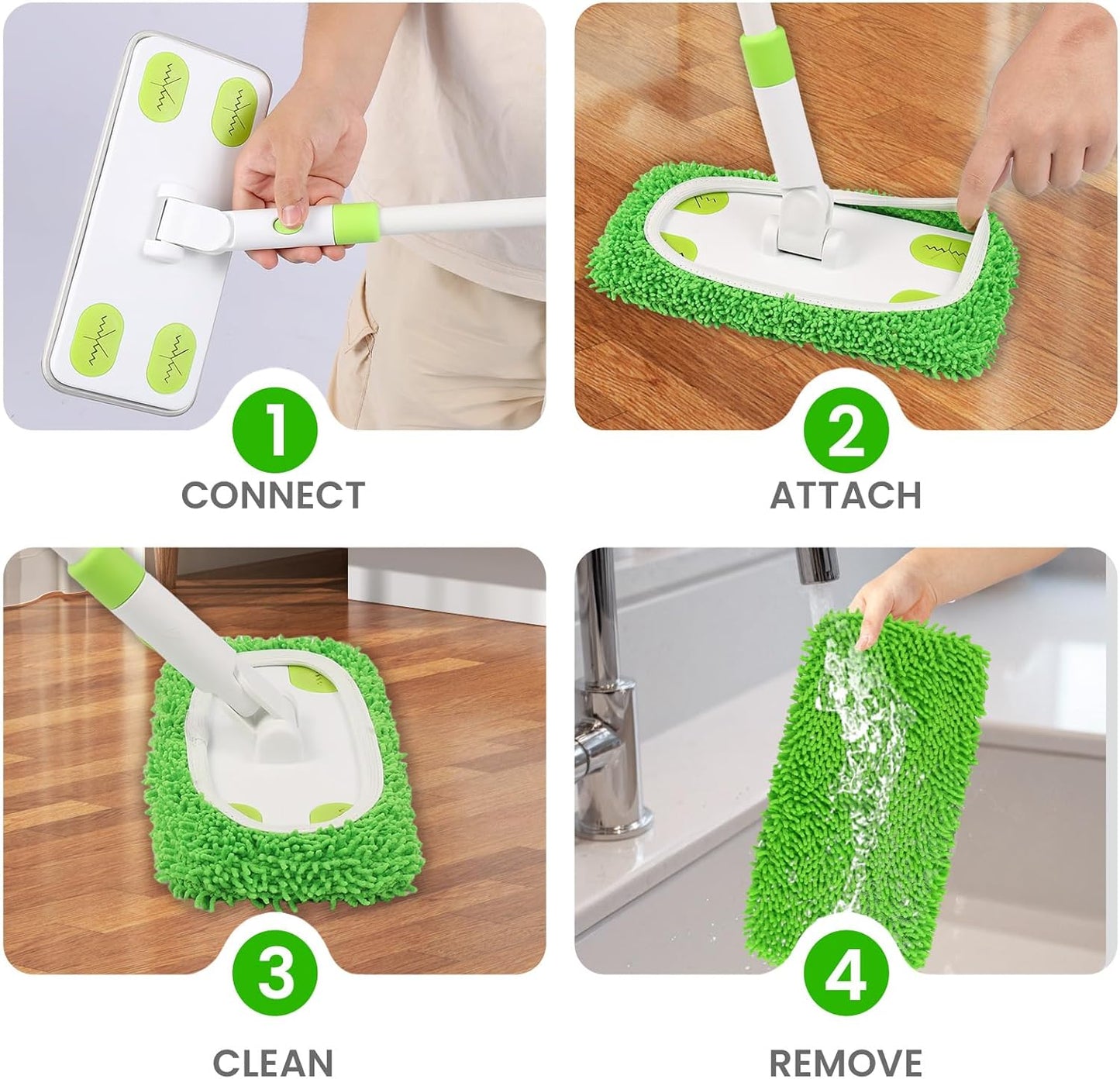 Reusable Microfiber Floor Mop System, Wet & Dry Sweeper Kit, Includes 1 Sweeper Handle, 3 Washable Chenille Mop Pads, Dry & Wet Use for Hardwood, Tile, and Laminate Floor, Green