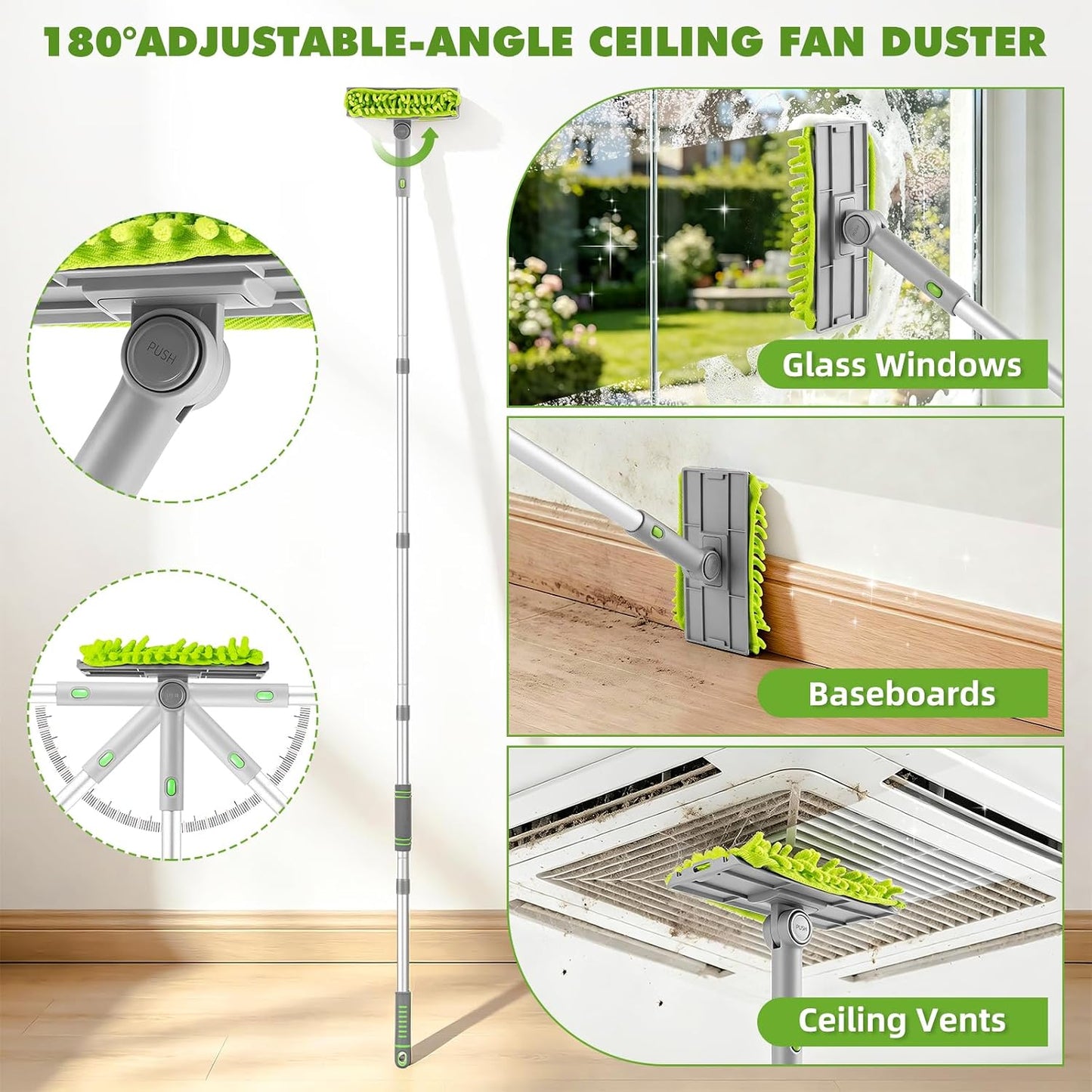 Ceiling Fan Cleaner Duster with 6 Ft/77'' Extendable Long Handle Multi-Functional Chenille Fan Duster for Ceiling Fan Blades, Blind, Cobweb, Vent, Wall