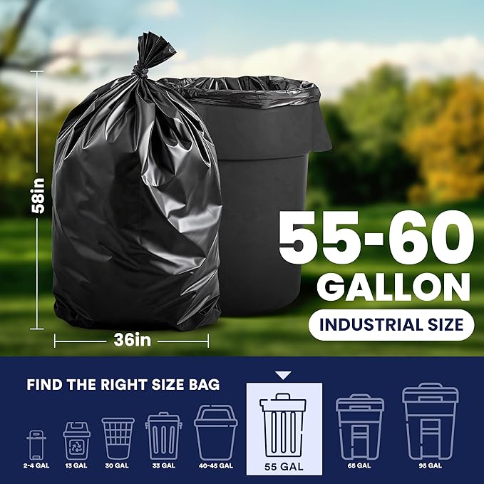Plasticplace 55-60 Gallon Trash Bags │ 1.5 Mil │ Black Heavy Duty Garbage Can - Image 3