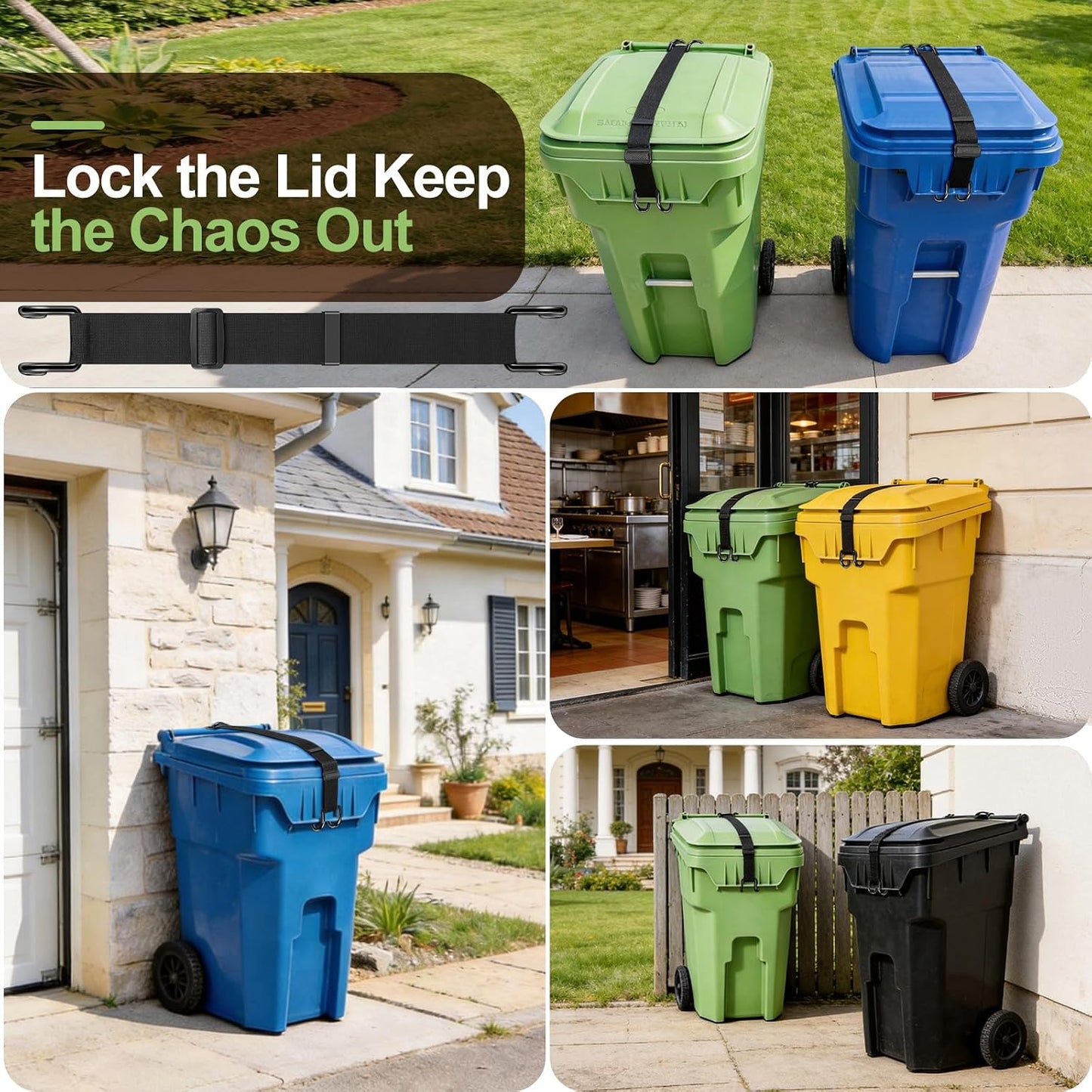 Heavy Metal Non-Slip Double Claw Trash Can Lid Lock, Adjustable Outdoor Garbage Can Lock, Windproof & Animal-Proof (Raccoons, Dogs, Bears), Universal Fit 28-96 Gallon Bins, Easy Install & Auto Release