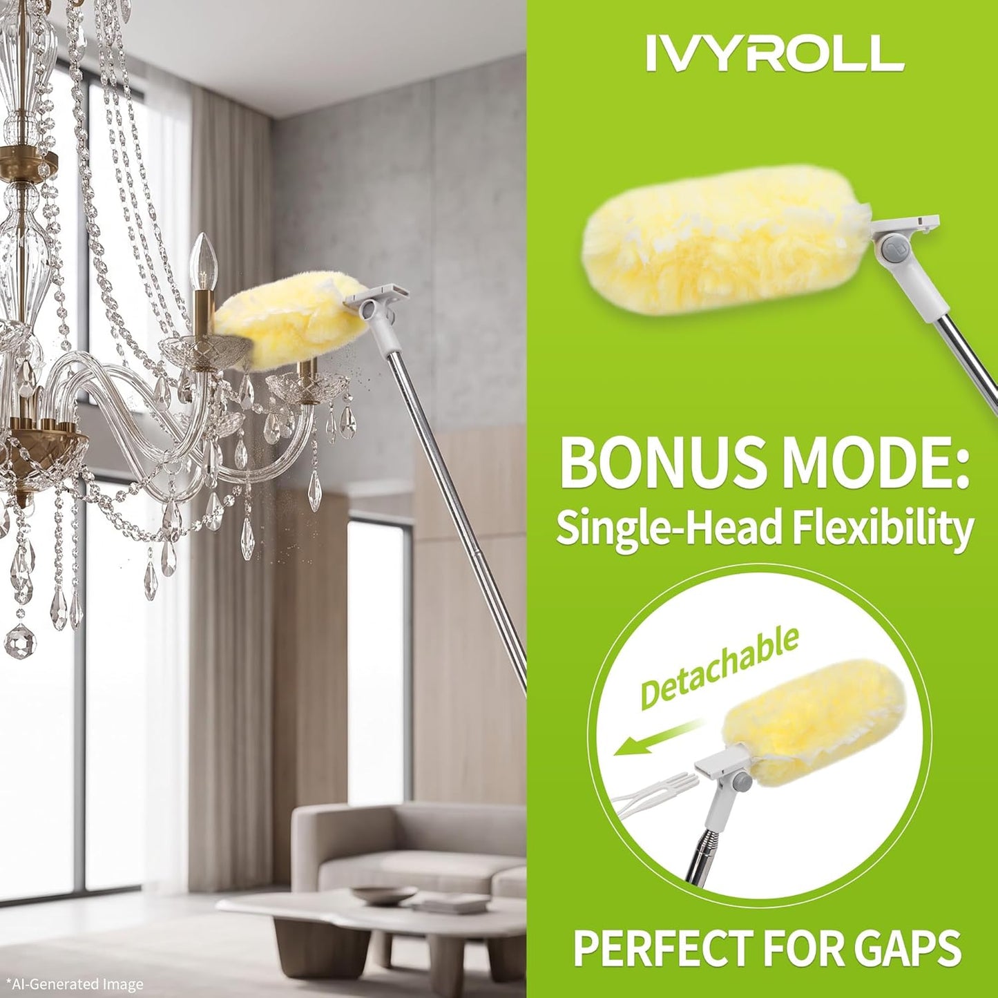 IVYROLL Dual Head Duster with Extended Handle 6 ft, Lockable Extendable Duster Kit with Extension Pole for High Ceiling Fan & Wall, 8 Refills