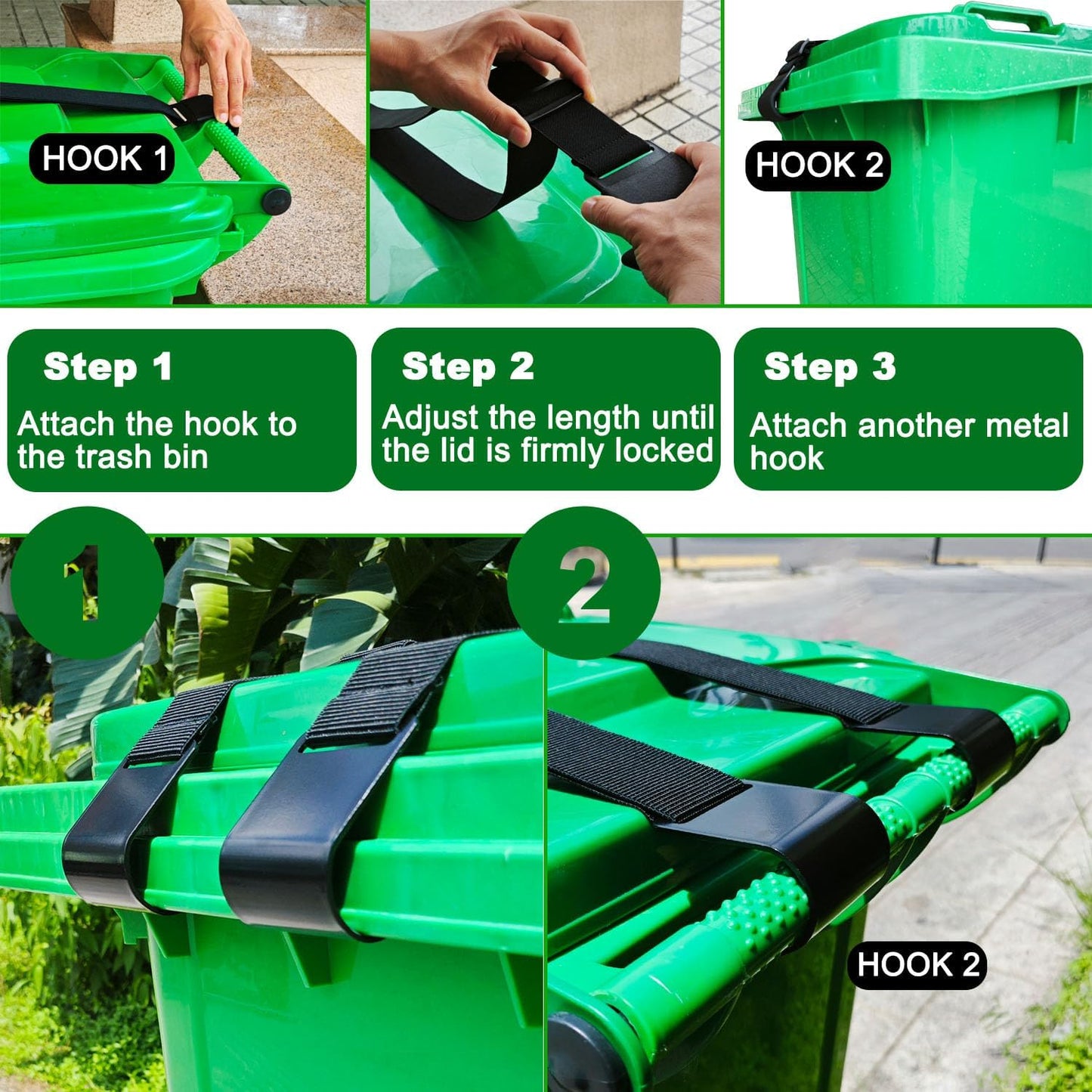 1PC Metal & Rubber Double-Claw Trash Can Bin Lid Lock Straps for Animals, Outdoor Raccoon Garbage Can Bin Lid Locks Bungee Cord for 28-96 Gallons, Black Hooks - Patented Pending