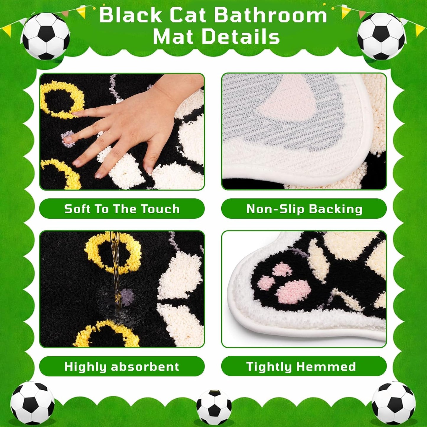 Black Cat Bath Mats for Bathroom,Sports Soccer Theme Cat Bathroom Mat with Holding Soccer,Soft Absorbent Non Slip Bath Rugs for Bathroom Shower Bedroom,24x21.2 Inch