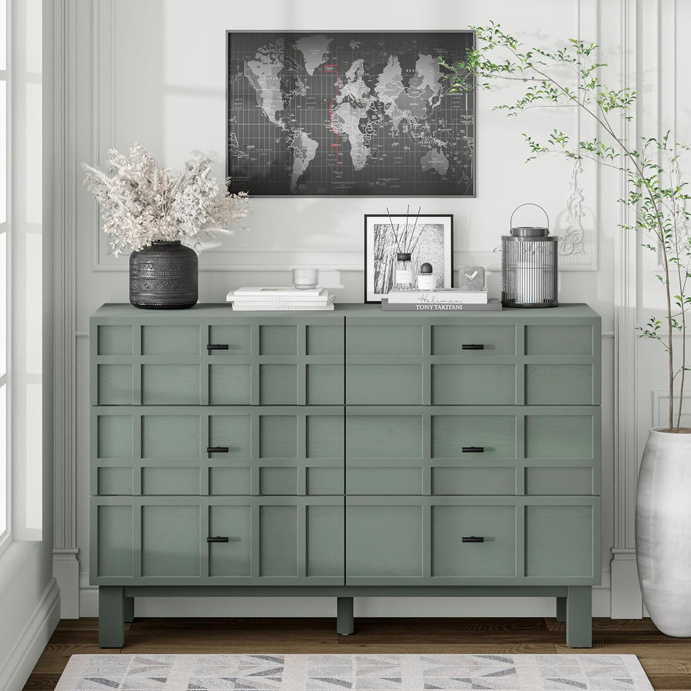 Aoikax Modern 6 Drawer Double Dresser with Grid Carved Pine Front, Minimalist...