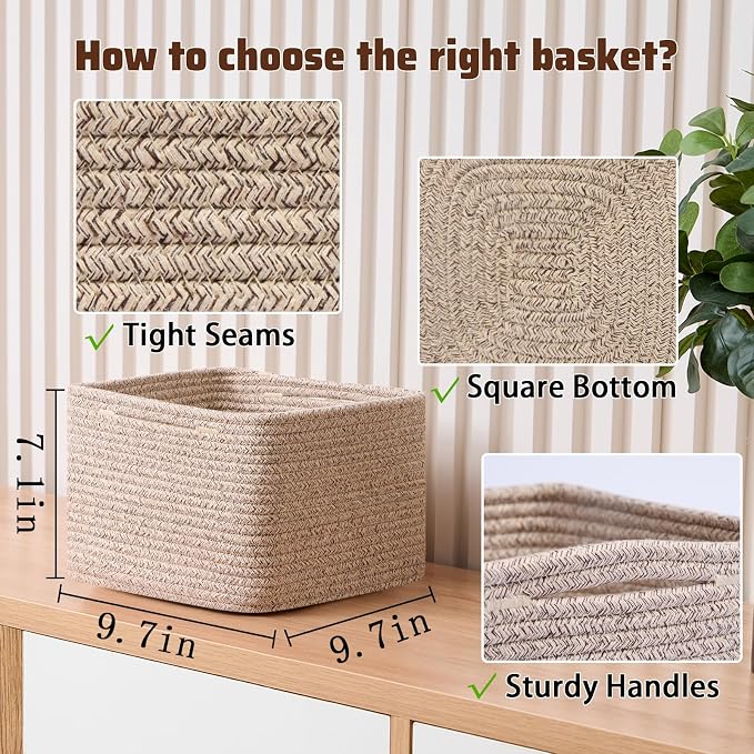 Small Organizing Baskets for Cubes Shelf, 9.7x9.7x7.1 Inch Rope Woven Storage - Image 2