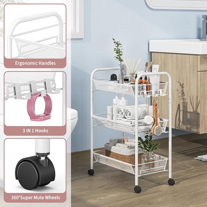 TOOLF 3-Tier Metal Rolling Cart, Mesh Wire Easy Assemble Utility Cart, Storage - Image 5