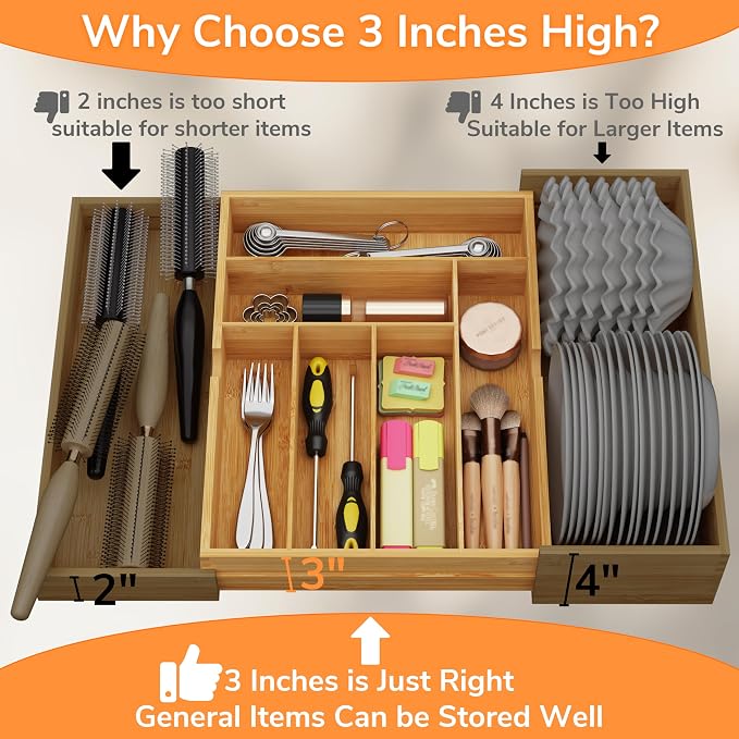 BAMEOS 3" Deepth Expandable Drawer Organizer, Deep Flatware Organizer, - Image 2