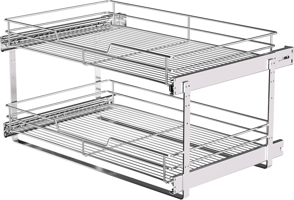 JOWBOOW 2-Tier Pull Out Cabinet Organizer, 26" W x 22" D, Chrome