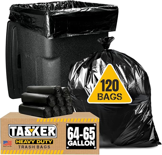 Tasker 65 Gallon Trash Bags Heavy Duty | 120 Count | Extra Large 64 Gallon by Tasker