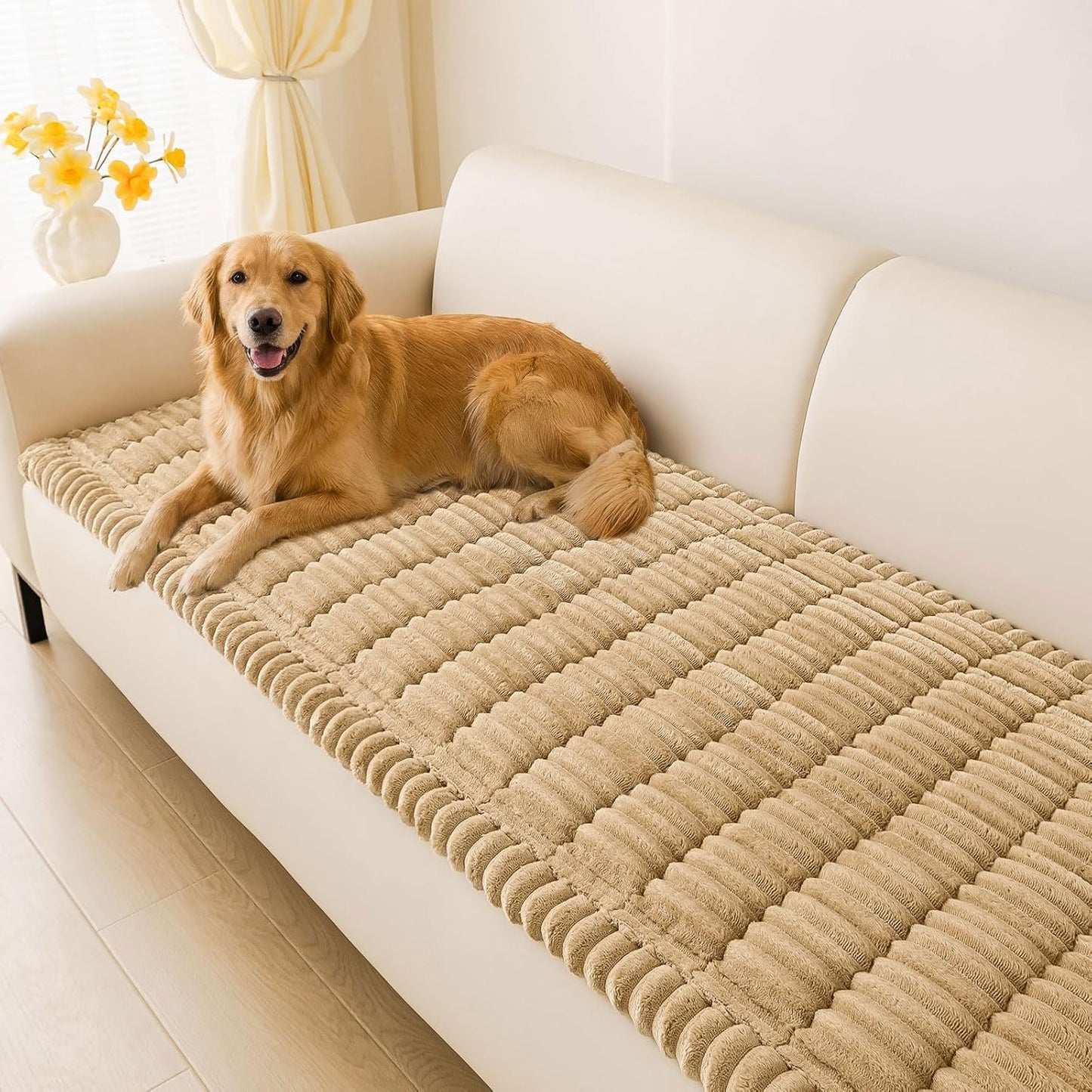 hyha Couch Cover for Dogs Washable, Non Slip Thick Flannel Sofa Protector, Pet Friendly Plush Furniture Cover for Sectional Sofa & Loveseat (Camel, 27.6" x 59")