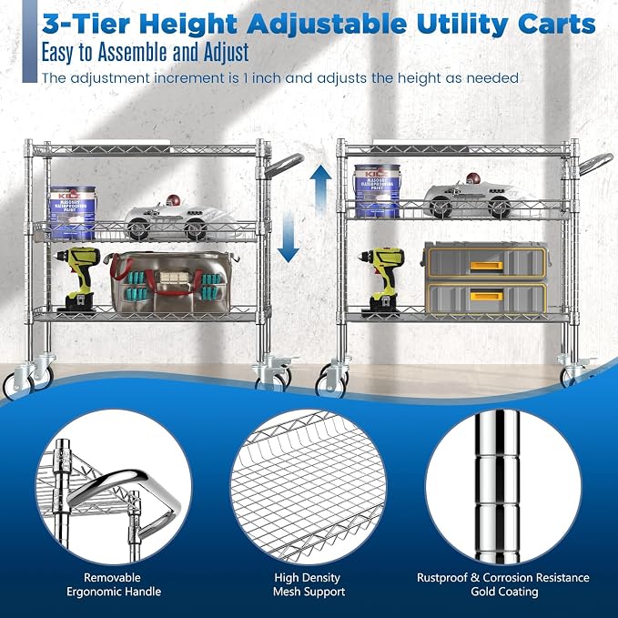 Leteuke Heavy Duty 3 Tier Rolling Utility Cart, NSF Certified 990Lbs Capacity - Image 3