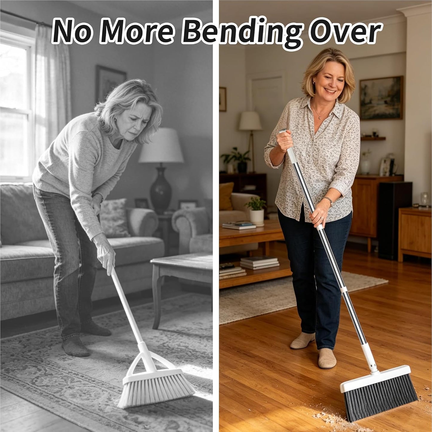 Household 53'' Broom and Dustpan Combo Set, Extra Long Handle Broom and ZeroGap Dustpan Sets with Teeth, Upright Storage Broom and Dustpan Sets for Home and Kitchen Off White