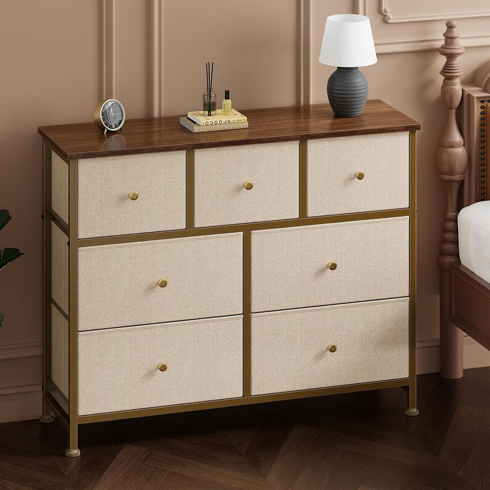 Sweetcrispy 7 Drawer Dresser for Bedroom Storage with Fabric Bins, Khaki