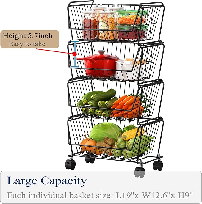 PUSDON 4-Tier Stackable Metal Storage Baskets, Anti-Rust Fruit Vegetable Rack - Image 2