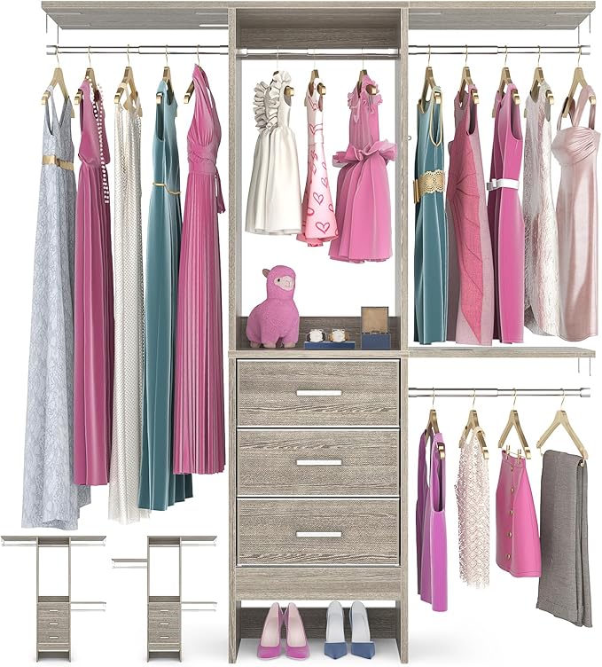 4FT Small Closet System with 3 Fabric Drawers, Flexible Built-In Clothes by Besiost