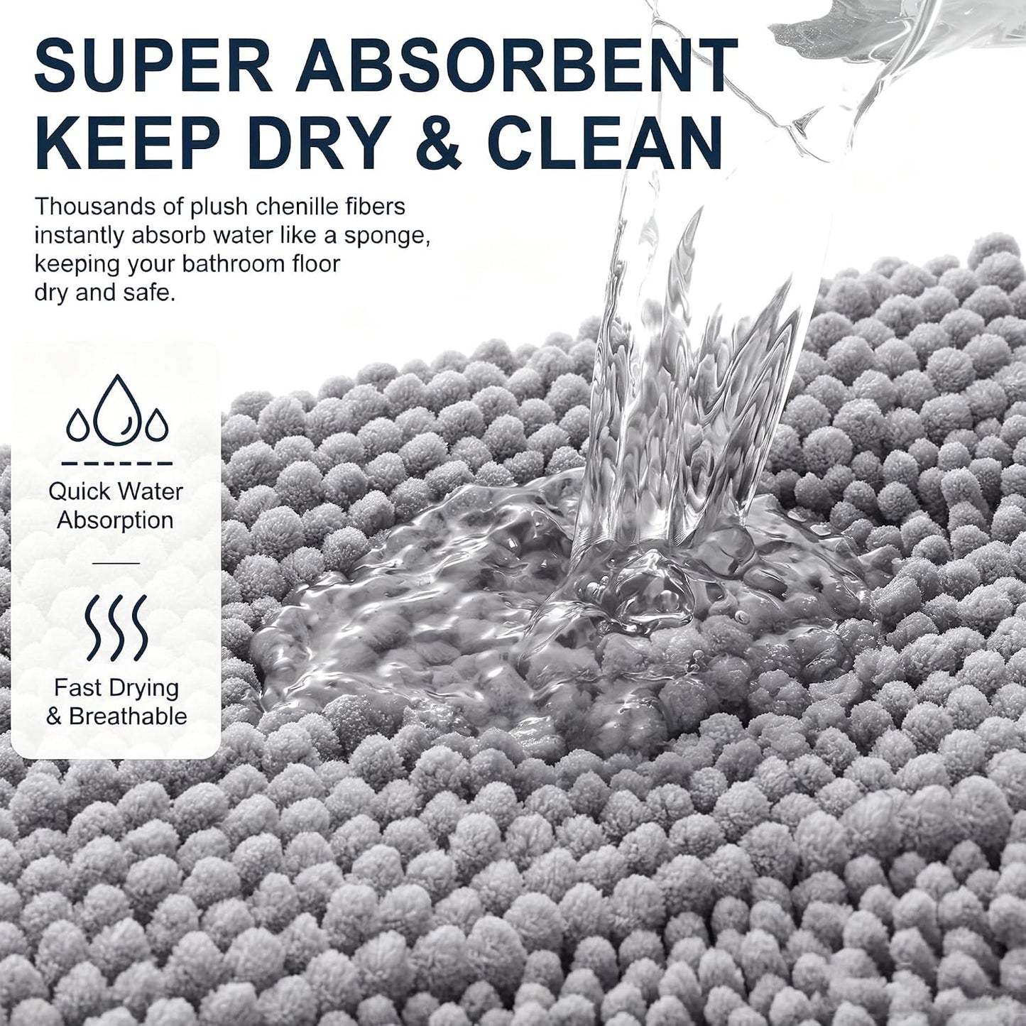 Smiry Thick Chenille Bathroom Rugs 30x20, Extra Soft Absorbent Striped Bath Mat, Machine Washable, Rubber Backing, Bath Rugs for Tub & Shower, Modern Home Decor Accessories, Grey
