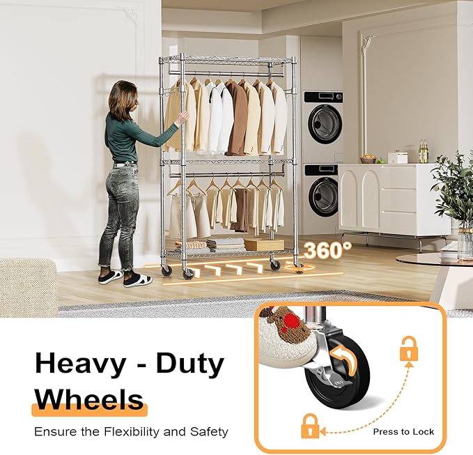 Heavy Duty Rolling Garment Rack 3 Tiers Adjustable Wire Shelving Clothes Rack - Image 4