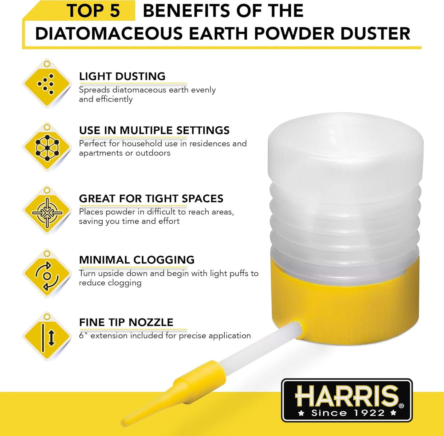 HARRIS Diatomaceous Earth Powder Duster with 6 Inch Extension Nozzle, for Easier Application of DE in Home & Outdoor Lawn and Garden Use