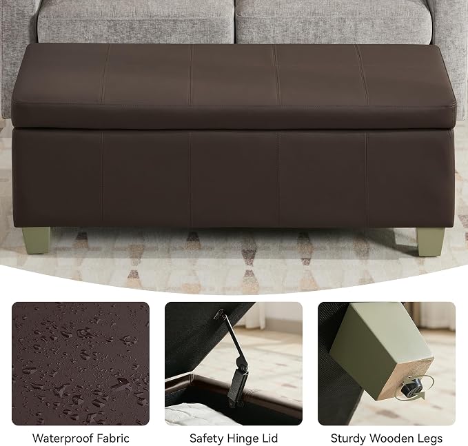 51" Faux Leather Storage Ottoman, Stitch Tufted Rectangle Upholstered End of - Image 4
