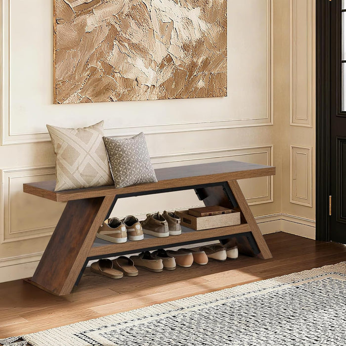 2-Tier Shoe Storage Bench, 47" Solid Wood Entryway Stool Storage