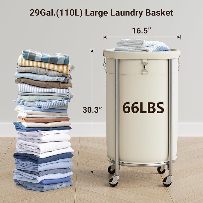 ELYKEN Laundry Hamper with Wheels, 110L Rolling Laundry Basket, Round Laundry