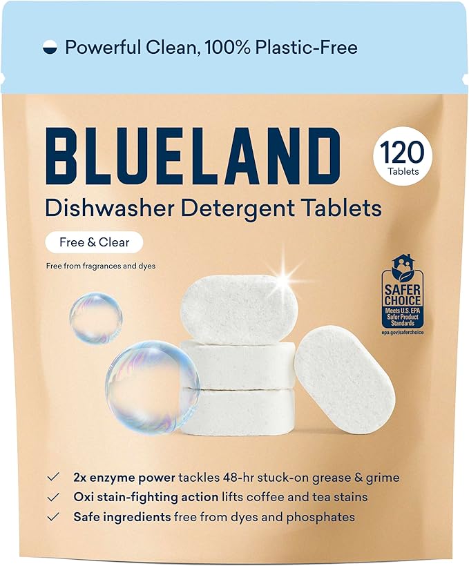 BLUELAND 100% Plastic-Free Dishwasher Detergent Tablets, Free & Clear, by BLUELAND