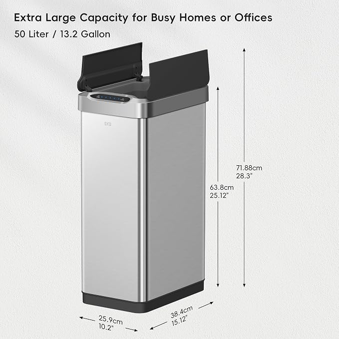 EKO Phantom-T 50 Liter / 13.2 Gallon Vertical Motion Sensor Trash Can, Brushed - Image 2