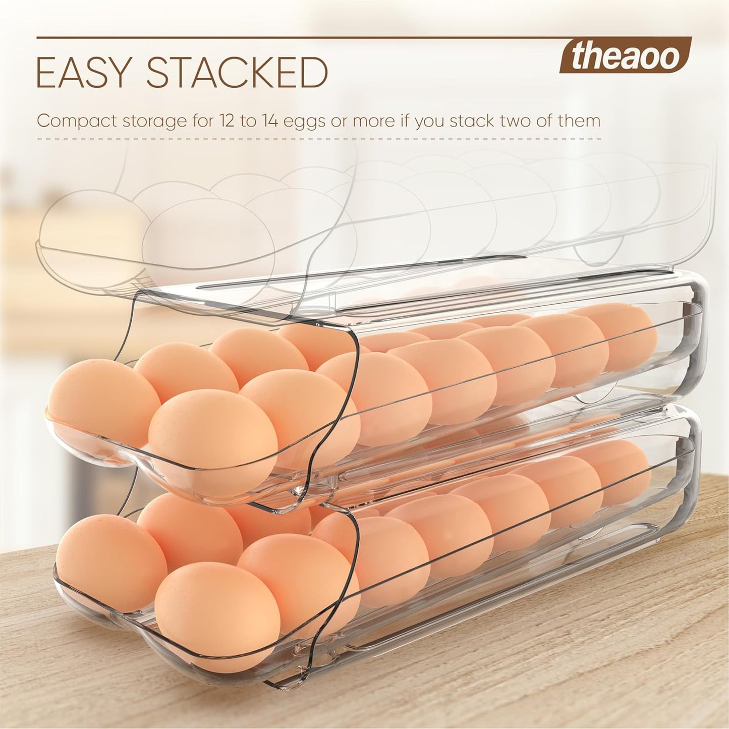 theaoo Egg Holder for Fridge, Automatic Rolling Egg Container, Clear, 3Pack | Quick Removable Inner Tray For Easy Egg Loading. Stackable Egg Dispenser For Refrigerator Storage And Organization