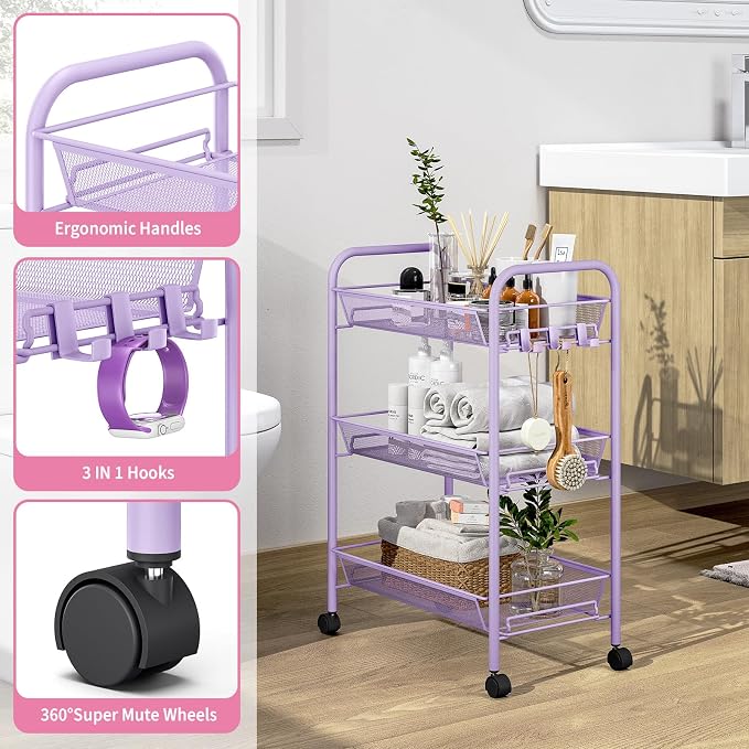 TOOLF 3-Tier Metal Rolling Cart, Mesh Wire Easy Assemble Utility Cart, Storage - Image 3