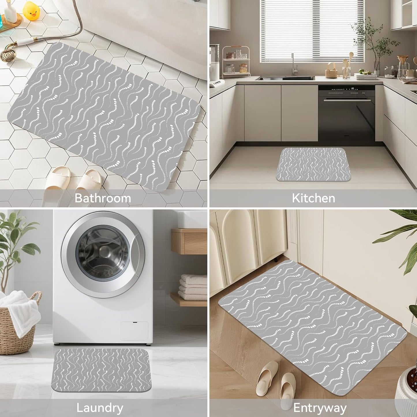 Bath Mat Set of 3, Grey and White Modern Soft & Super Absorbent Quick Dry Shower Mat,Non-Slip Rubber Backed Bottom, Thin Washable Bathroom Rug for Toilet, Tub, Sink, Restroom Decor