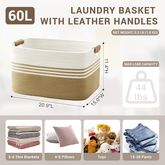 60L Large Laundry Basket with Leather Handles - Image 2