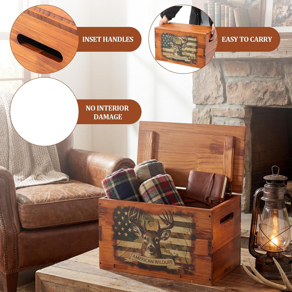 Novabright Solid Pine Wooden Storage Box with Lid, Rustic Elk Decorative Crat...