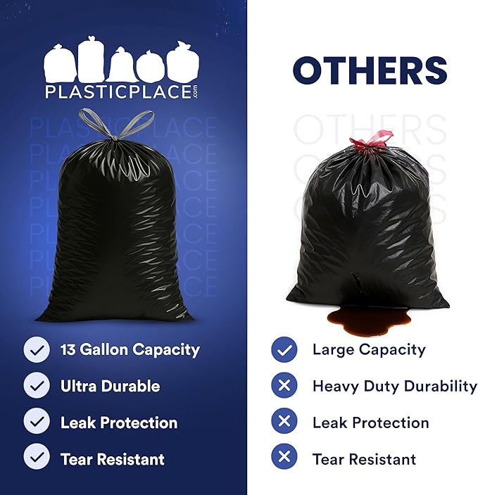 Plasticplace 13 gallon Extra Tall Drawstring Kitchen Trash Bags | Black 1.2 Mil - Image 5