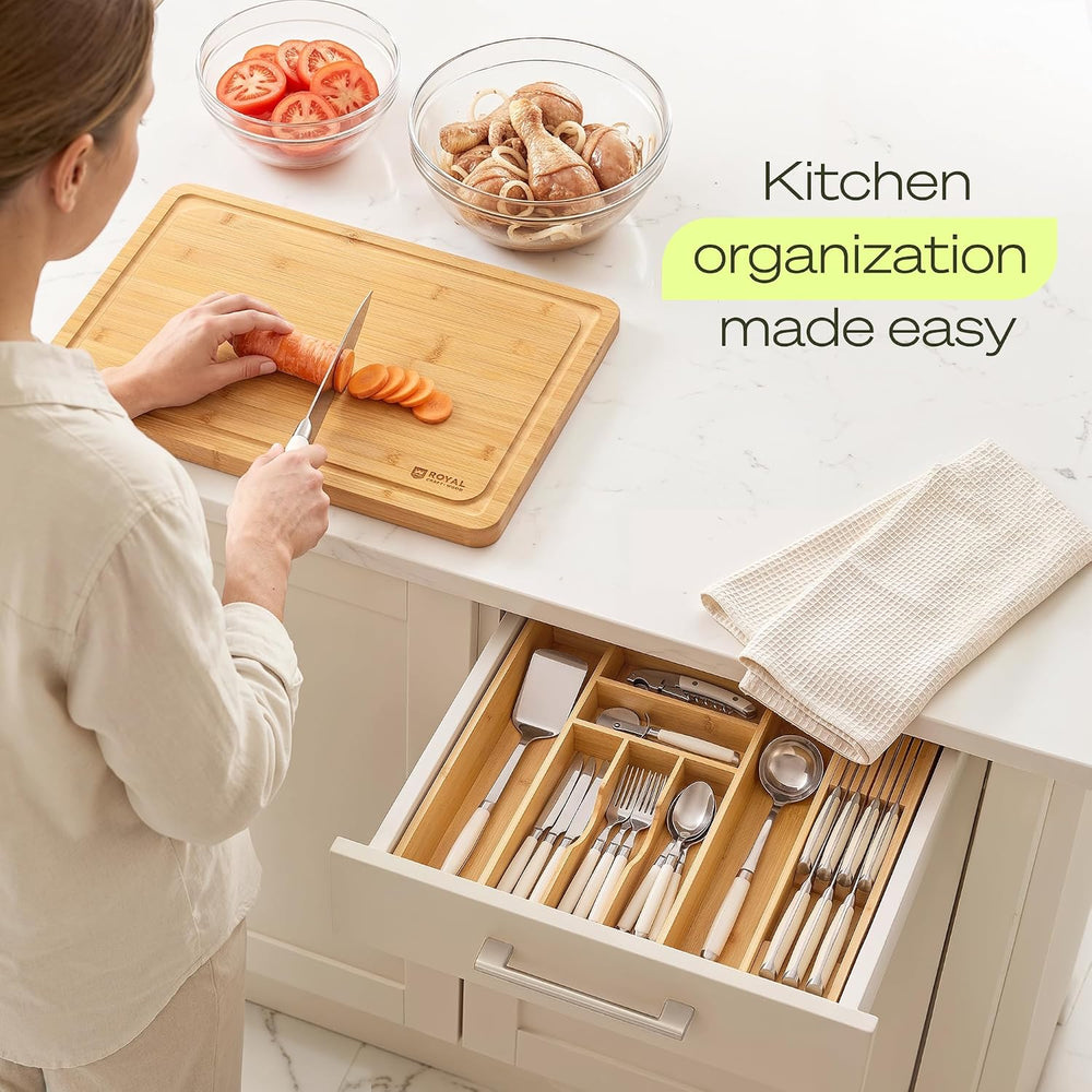 Drawer Organizer for Kitchen Organization – Expandable Bamboo Silverware Draw...