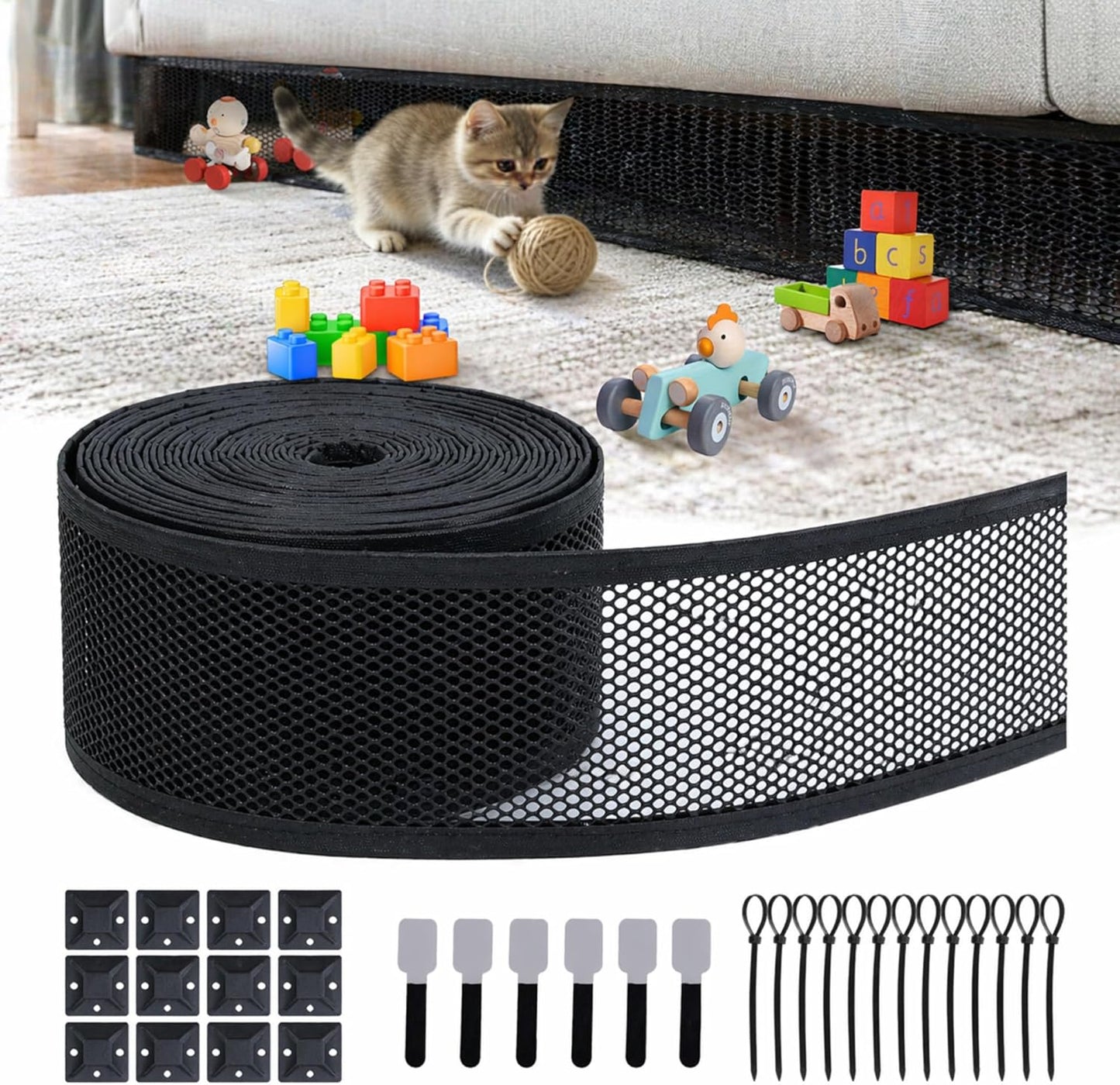 Under Couch Blocker for Pets and Toys, 6in x 32.8ft Upgraded Under Bed Blocker with 15 Mounting Bases and 6 Hook and Loop, Toy Blocker for Couch, Stop Cats Dogs Going Under Sofa (Black)