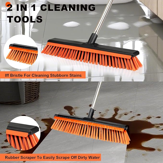 18" Push Broom Outdoor with Rubber Squeegee, Heavy Duty Broom Brush with Handle - Image 4