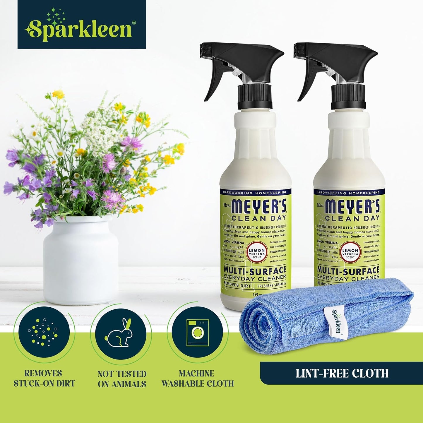 Mrs. Meyers Multi-Surface All Purpose Cleaner Set, Multi-Purpose Cleaner 2 Pack Spray and Cloth Set Bundle for Bathroom, Living Room or Bedroom, 16 oz, Lemon Verbena