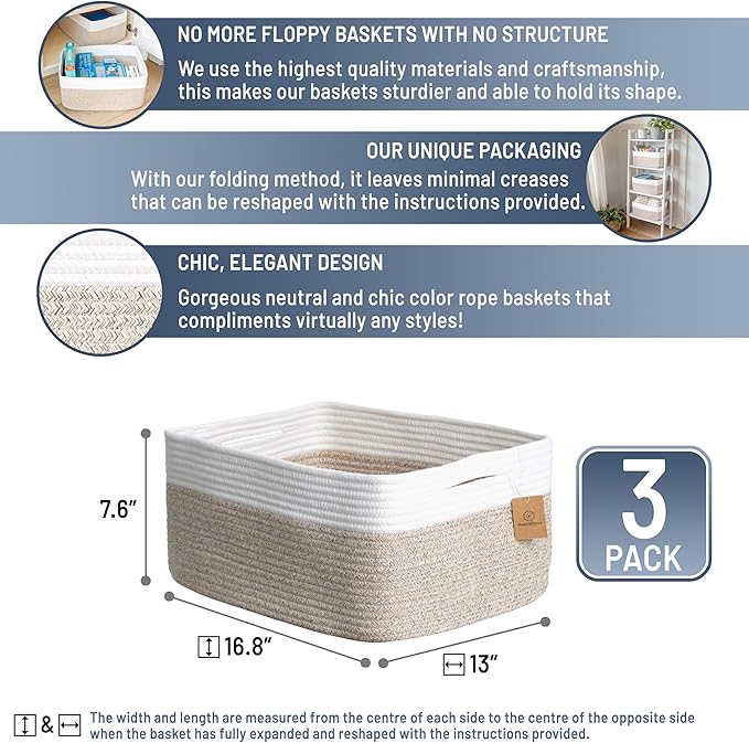 NaturalCozy Storage Baskets 16.8”x13”x7.6” Cotton Rope Woven Baskets - Image 2