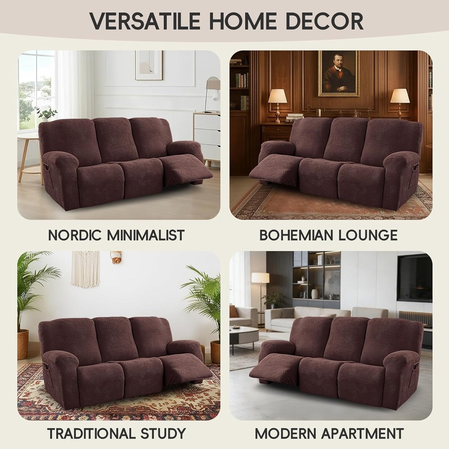 5-Piece Recliner Sofa Covers,Stretch Geometric Strokes Jacquard Recliner Sofa Slipcovers,Seamless Furniture Protector with Pocket,Soft Breathable Couch Cover,3 Seater Chocolate