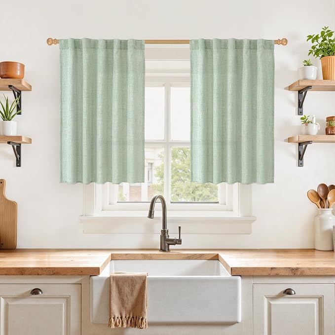 YoungsTex Sage Green Linen Cafe Curtains 36 Inch Length, Short Drapes Light by YoungsTex