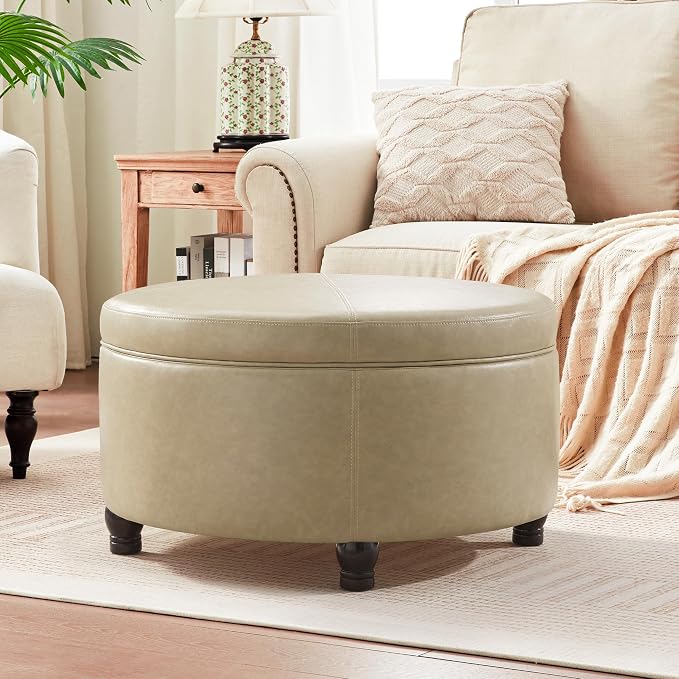 30-Inch Round Storage Ottoman, Modern Ottoman Coffee Table by Unknown
