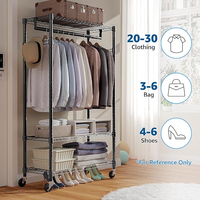 Heavy Duty Rolling Garment Rack 3 Tiers Adjustable Wire Shelving Clothes Rack - Image 2