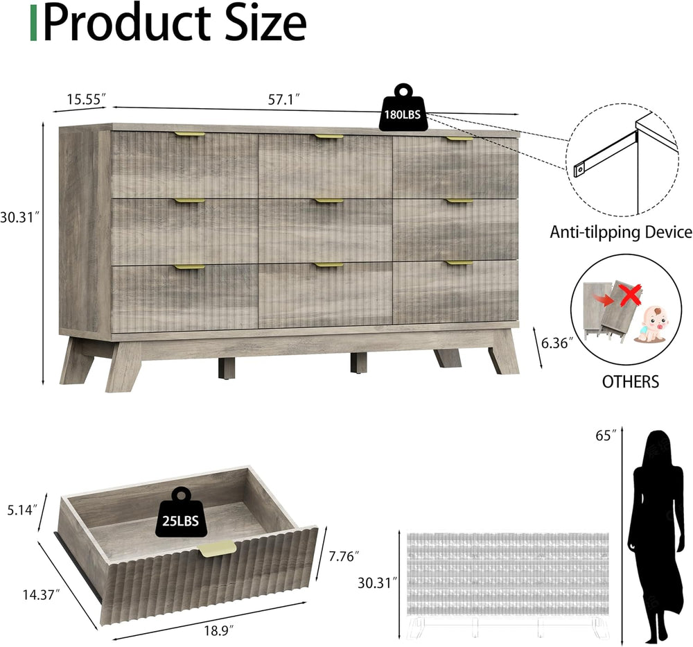 Xixini Fluted Dresser for Bedroom with 9 Drawers, 57" Wide Modern Chest ...