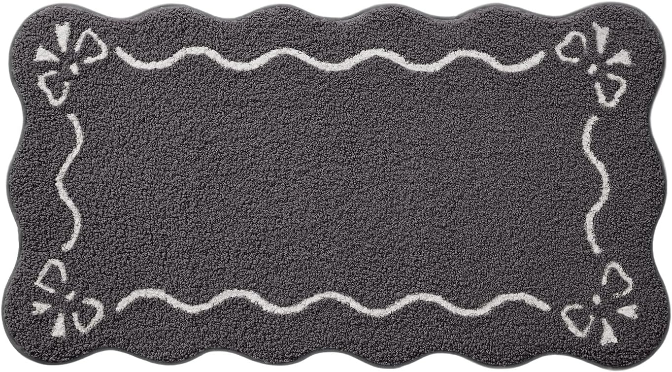 LUMI Scalloped Bathroom Rug, Cute Plush Microfiber Bath Mat, Super Absorbent & Quick Dry Shower Mat, Machine Washable Floor Carpet for Tub, Dark Grey, 24"x36"