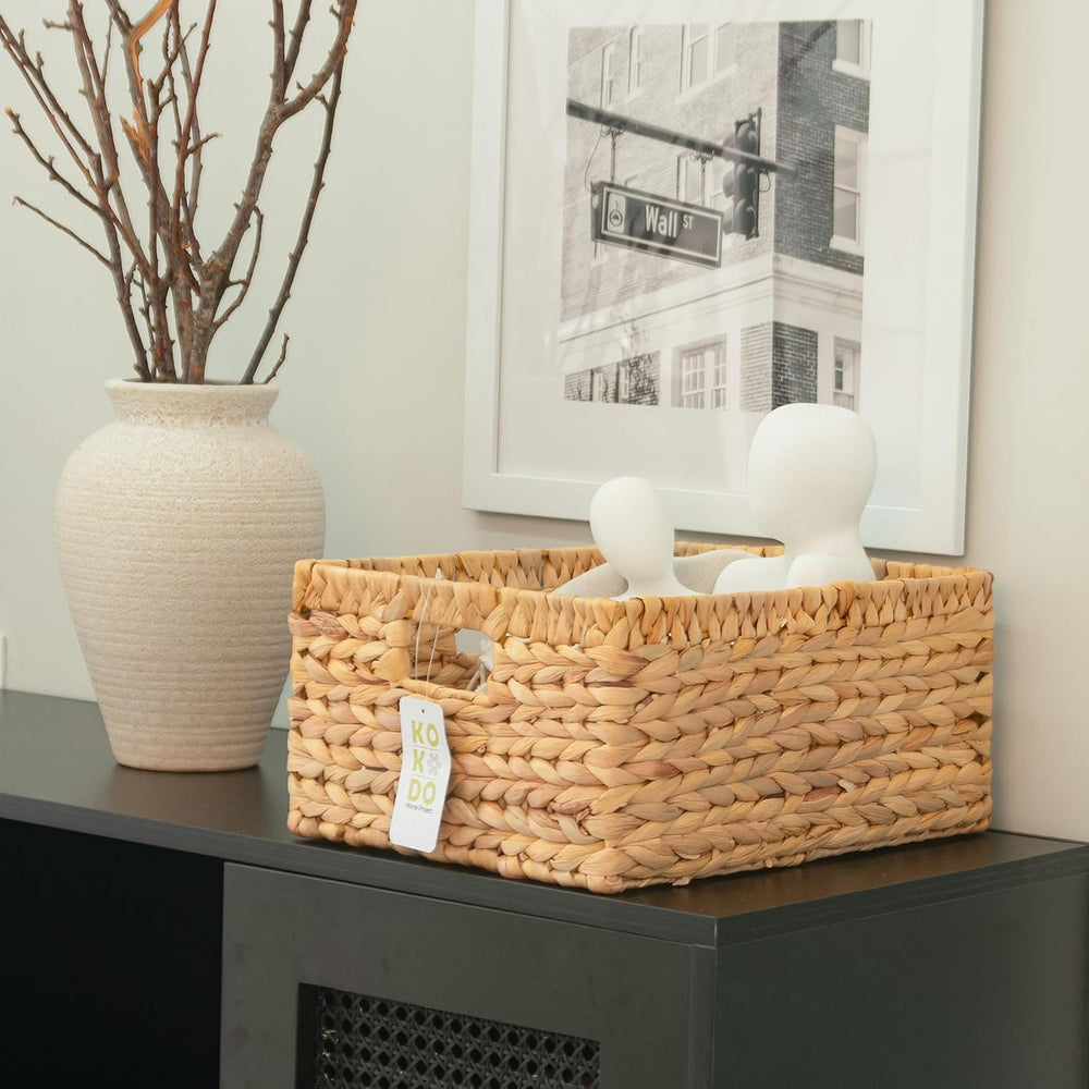 KOKODO 15”L x 11”W Large Rectangular Water Hyacinth Wicker Storage Basket wit...